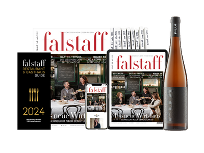 10 x Falstaff-Magazin PRINT & DIGITAL + 1 Flasche 2018 PUR Gold Wachau Grüner Veltliner + Restaurantguide 2024