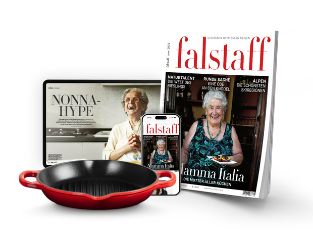 20 x FALSTAFF-MAGAZIN PRINT & DIGITAL & Le Creuset Grillpfanne aus Gusseisen