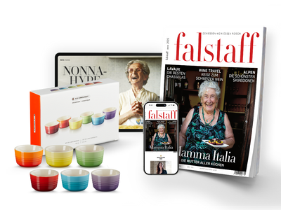 10 x FALSTAFF-MAGAZIN PRINT & DIGITAL & Le Creuset 6er Set Rainbow Förmchen