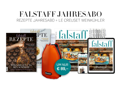 10 x FALSTAFF-MAGAZINE PRINT + 4 x FALSTAFF RECIPES + LE CREUSET WINE COOLER